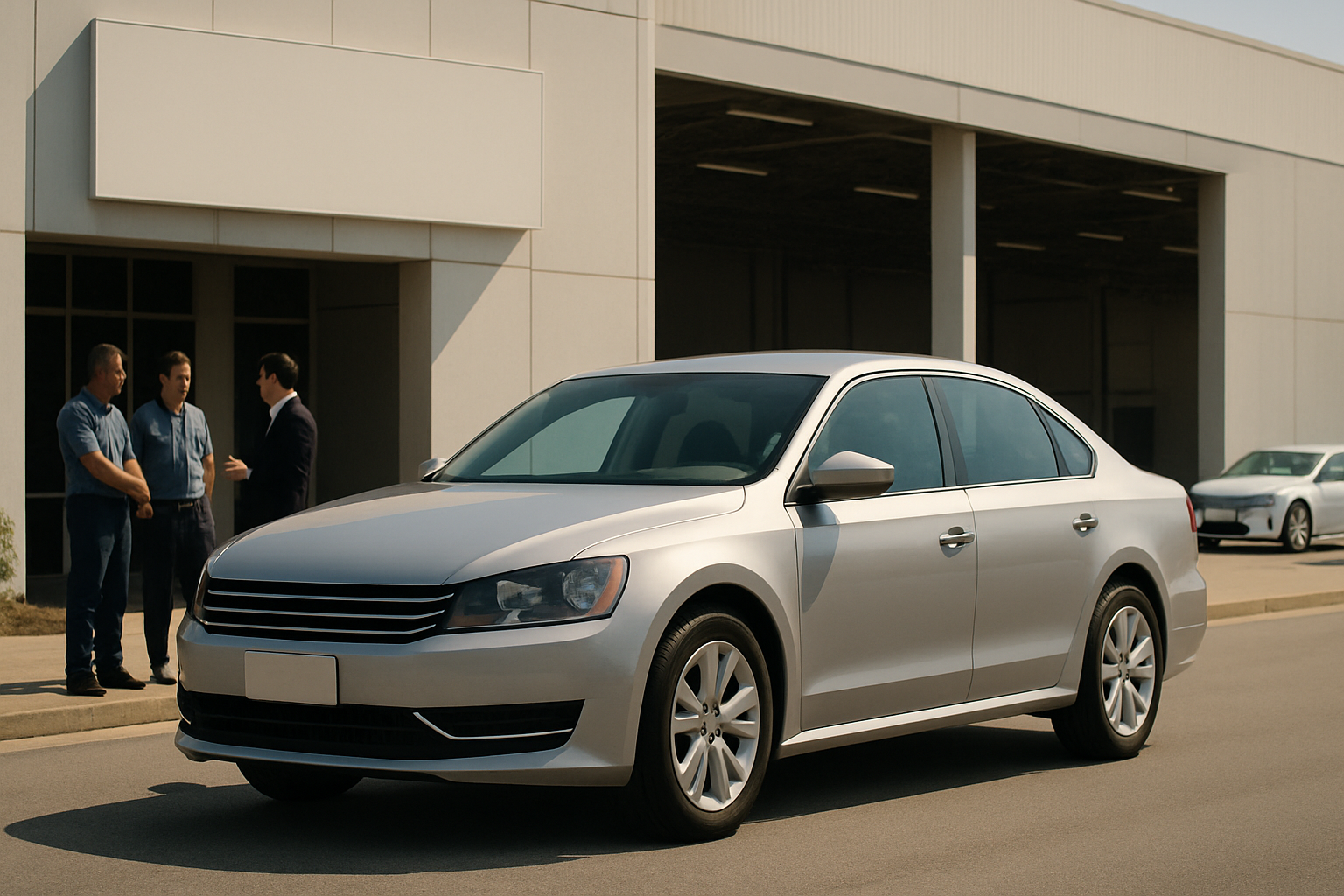 A silver sedan parked on a sunny street near a light industrial building with three people talking in the background