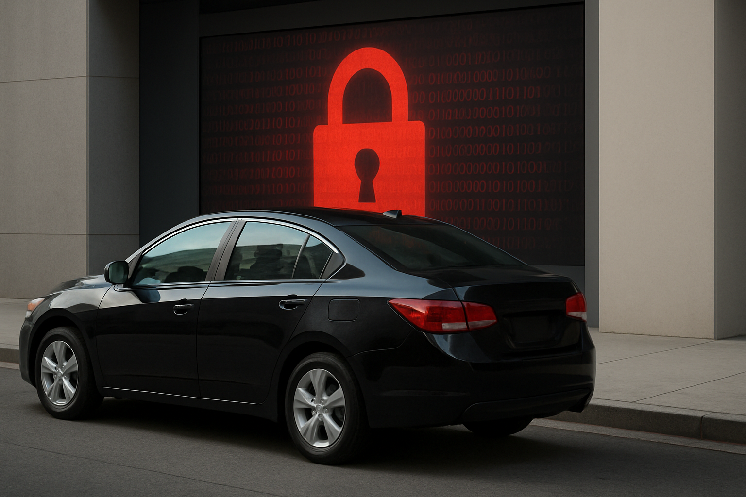 A dark sedan parked in front of a wall displaying a large glowing red padlock on a digital screen