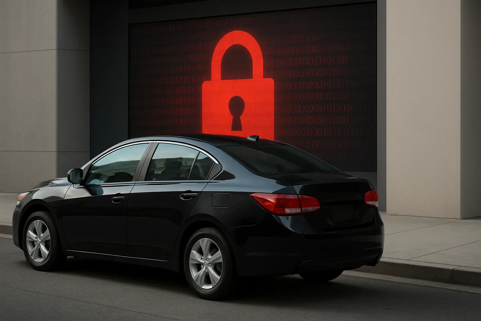 A dark sedan parked in front of a wall displaying a large glowing red padlock on a digital screen