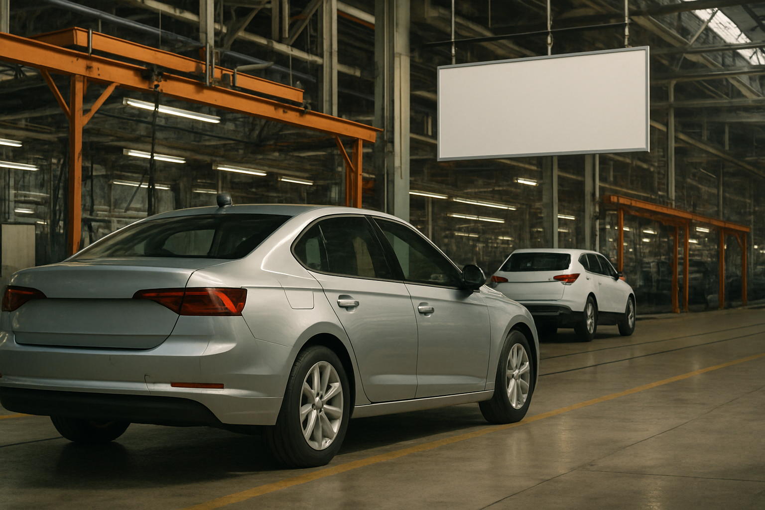 Two generic light-coloured cars parked inside a spacious, well-lit industrial factory with metal beams and a blank overhead sign