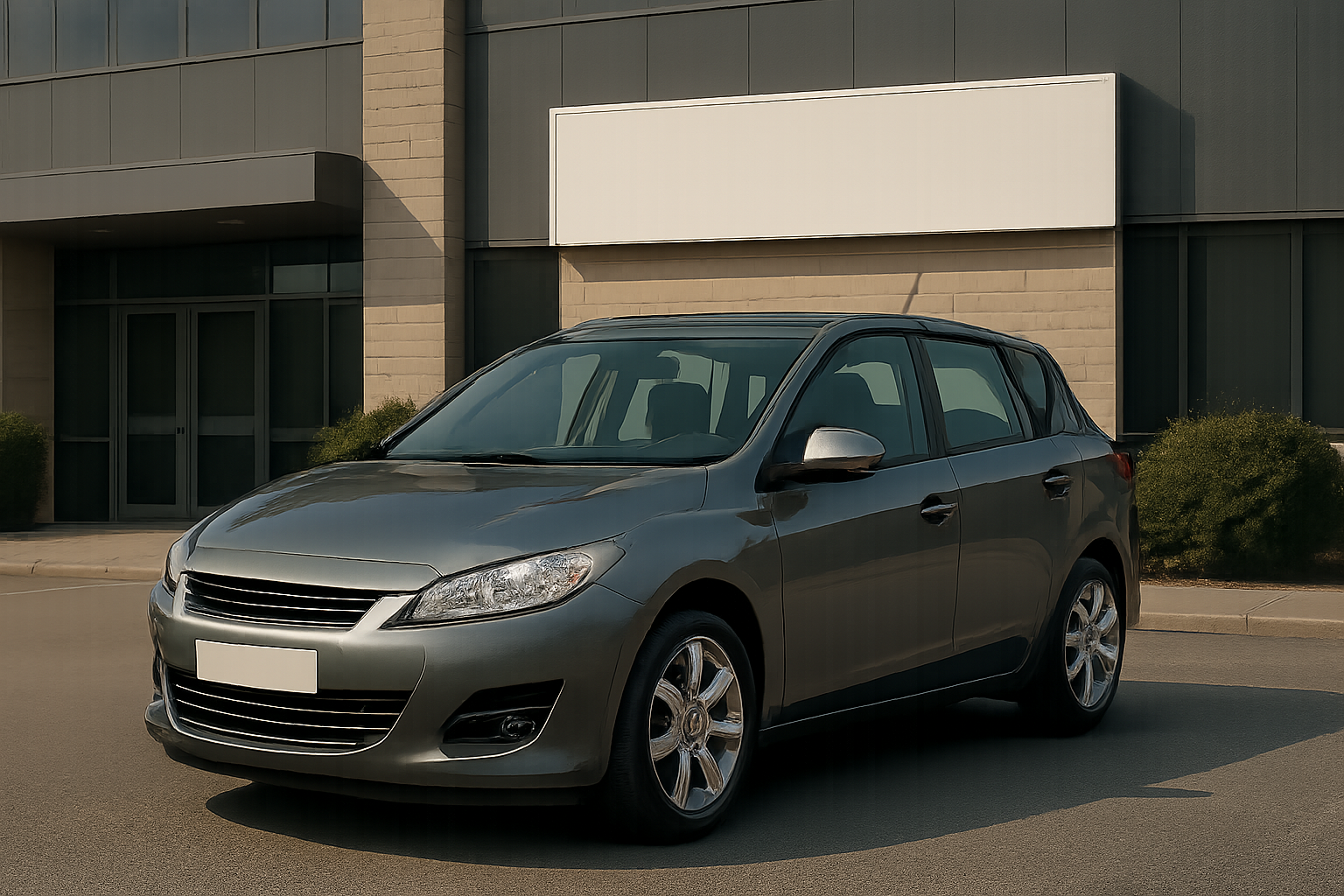 Dark grey hatchback car parked at an angle in front of a modern building with large windows and a blank white sign above