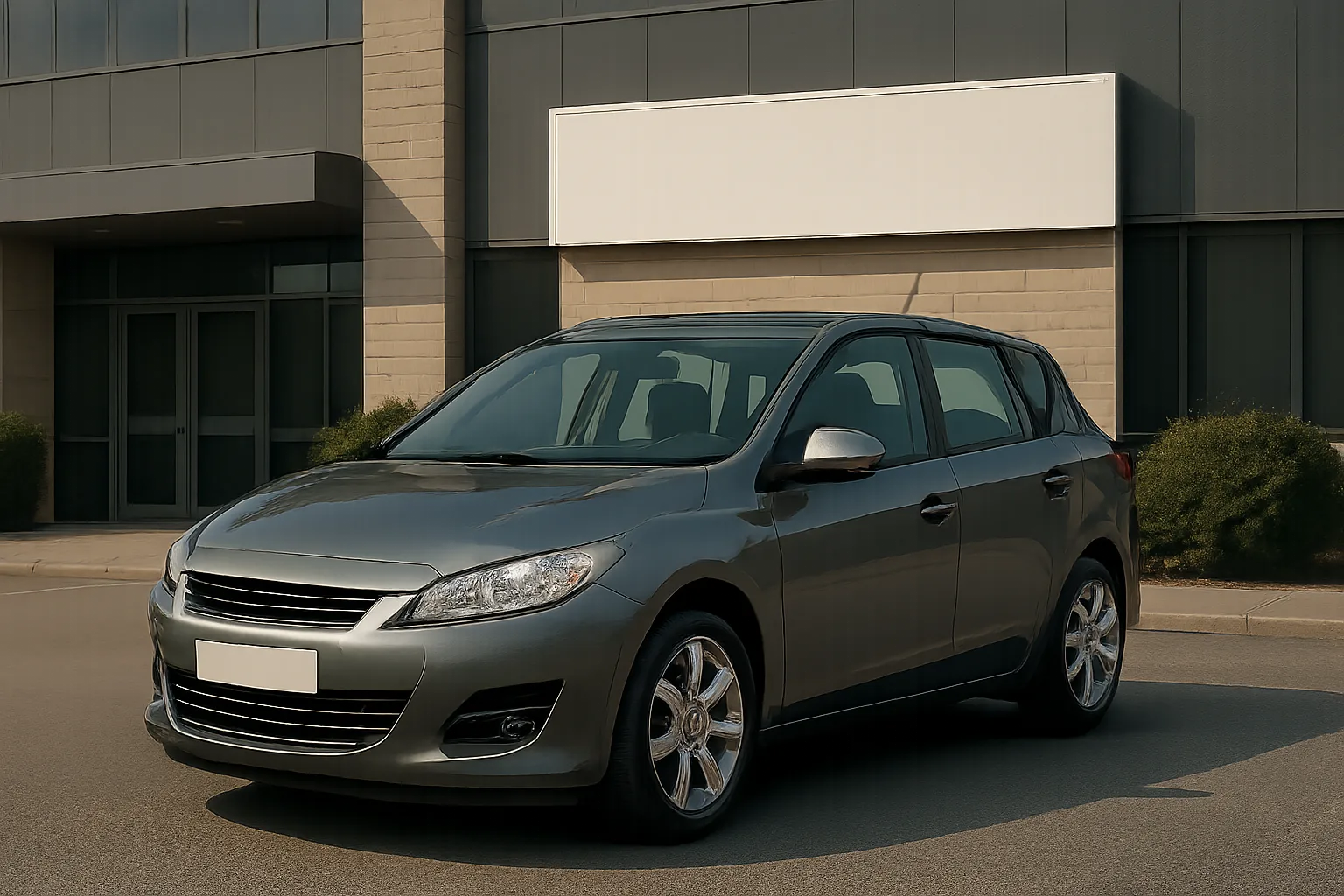 Dark grey hatchback car parked at an angle in front of a modern building with large windows and a blank white sign above