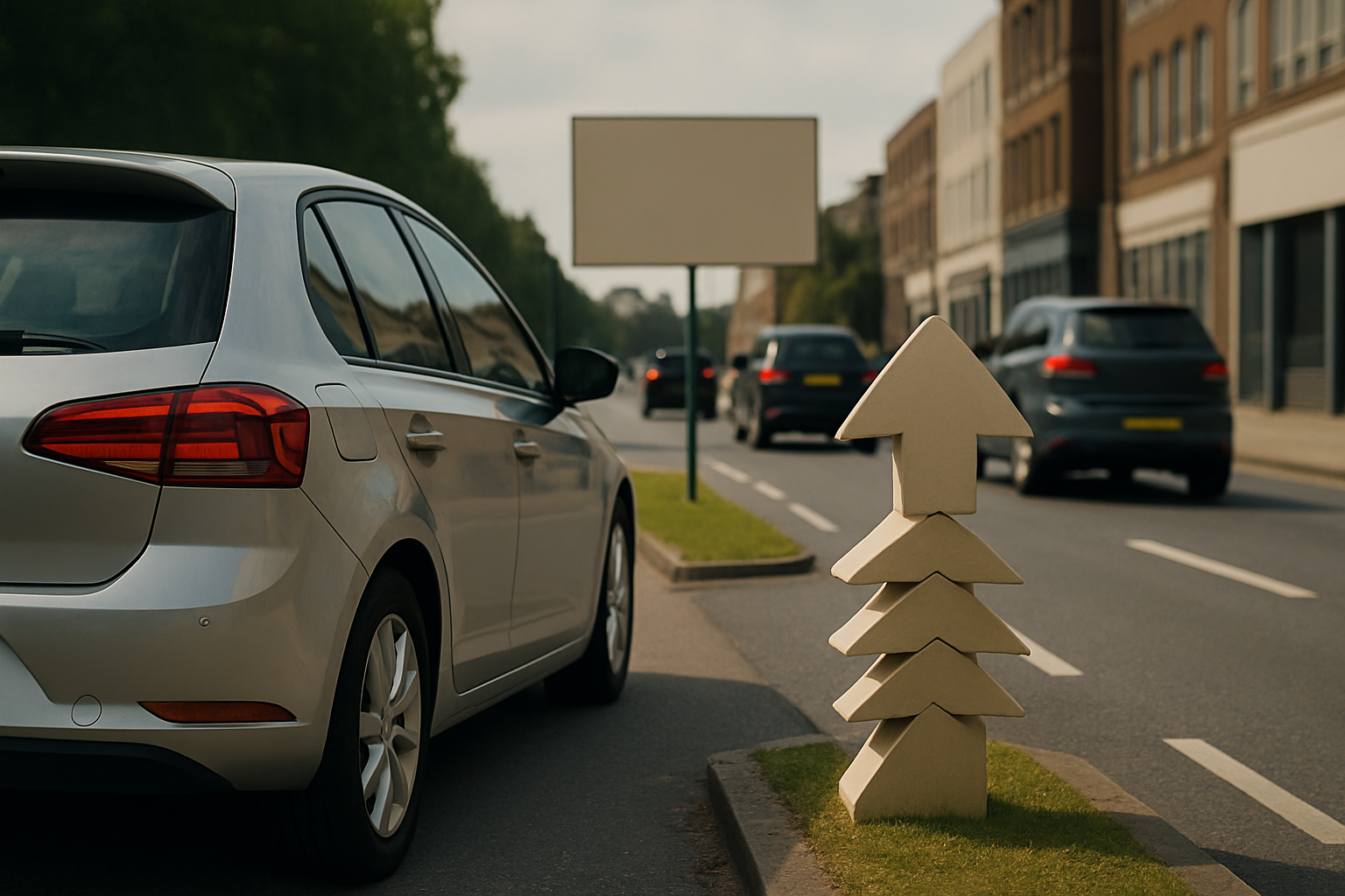 A stylised light grey arrow sign on a grass verge beside a silver car parked on a sunlit urban street with traffic