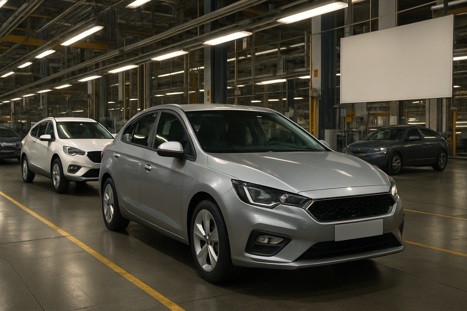Two silver hatchback-style cars parked in a brightly lit, spacious factory with reflective floors and glass walls