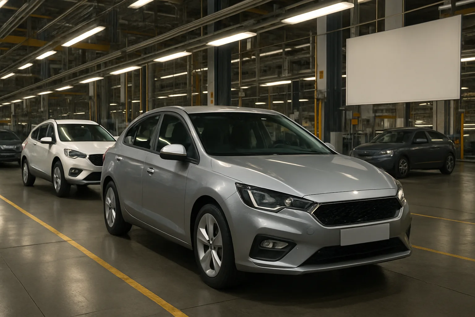 Two silver hatchback-style cars parked in a brightly lit, spacious factory with reflective floors and glass walls