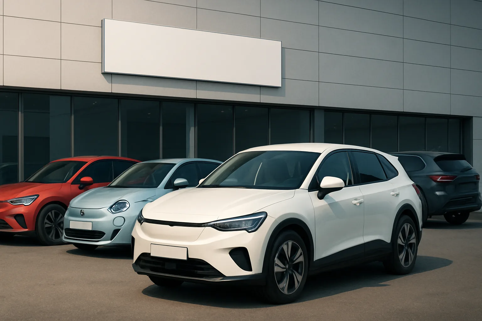 Four stylised cars in white, silver, red and blue are parked outside a modern building with large glass windows