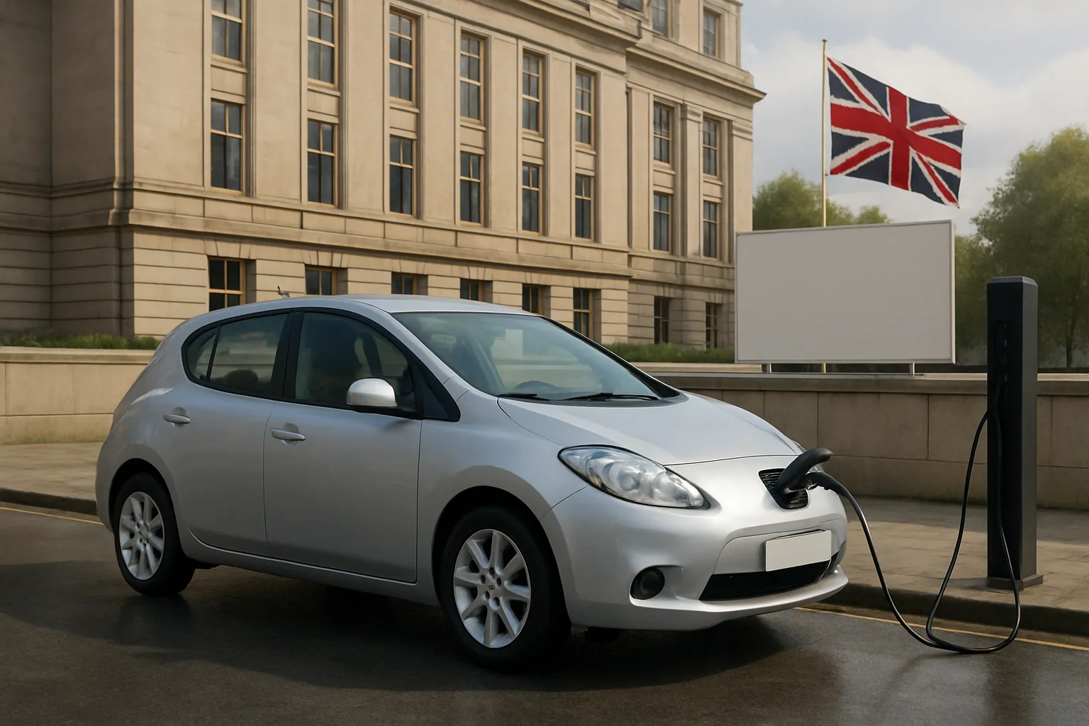 A silver hatchback plugged into a black charging station on wet tarmac outside a grand stone building with a large UK flag
