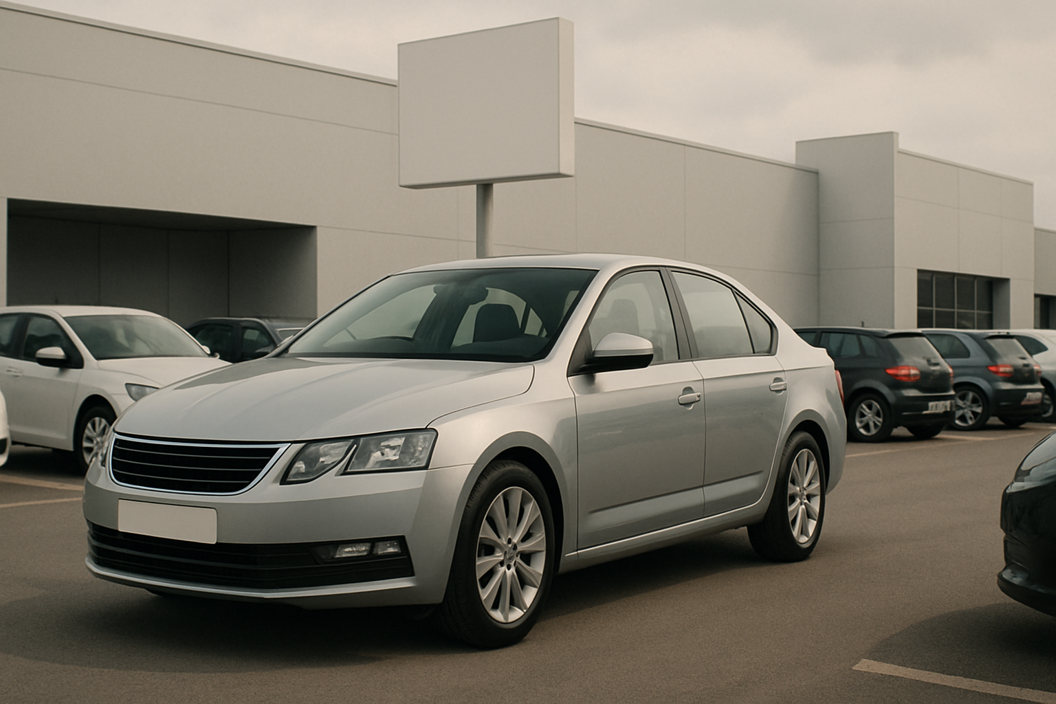Silver sedan parked in front of a modern grey building, with other cars and a blank white sign visible on a cloudy day