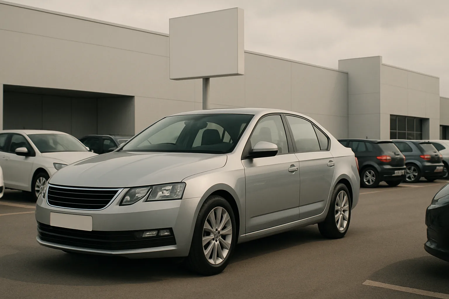 Silver sedan parked in front of a modern grey building, with other cars and a blank white sign visible on a cloudy day