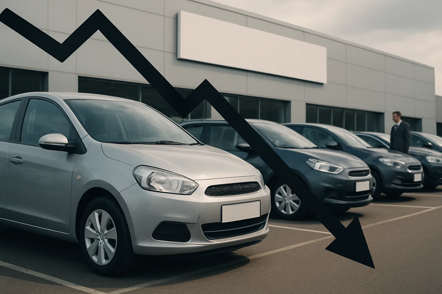Rows of grey and blue cars parked outside a dealership with a large black downward arrow overhead