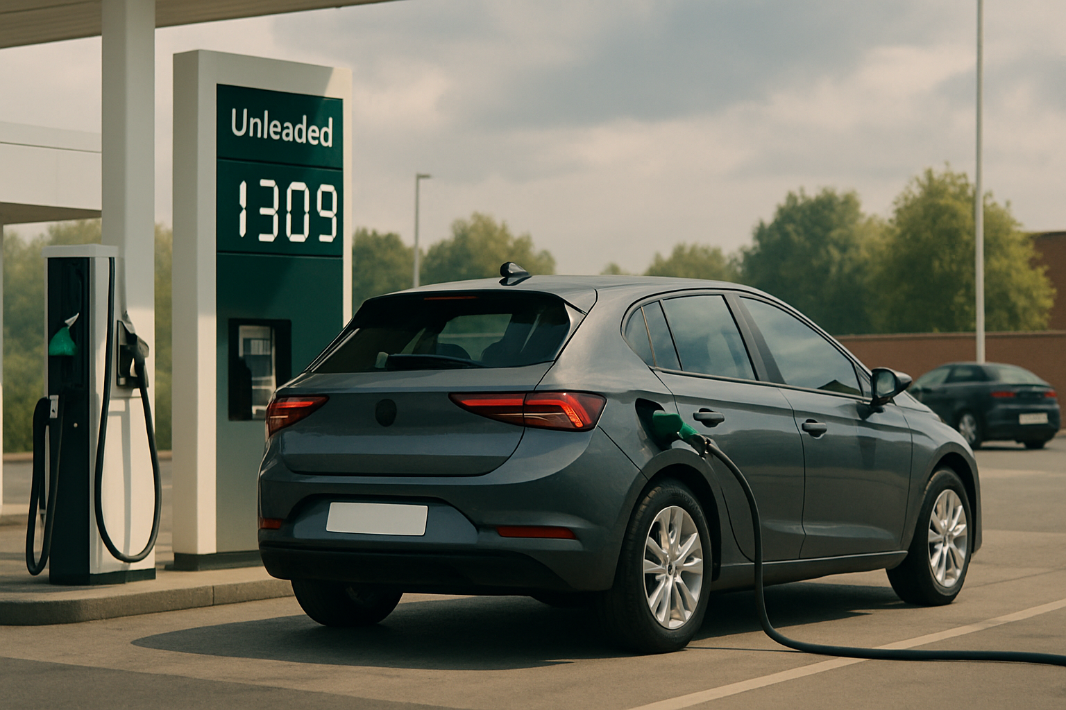 A dark grey hatchback at a petrol station beside a green and white pump displaying a price of 130.9, under a cloudy sky