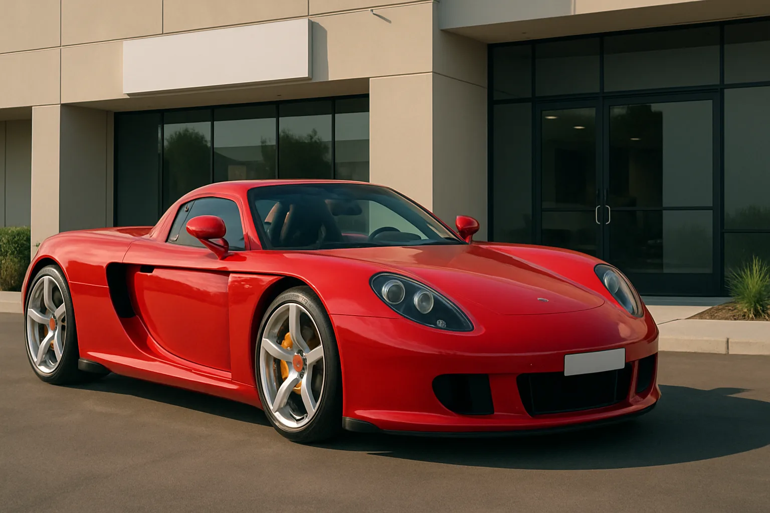 Bright red sports car with smooth curves and silver wheels parked on sunlit pavement in front of a modern glass building