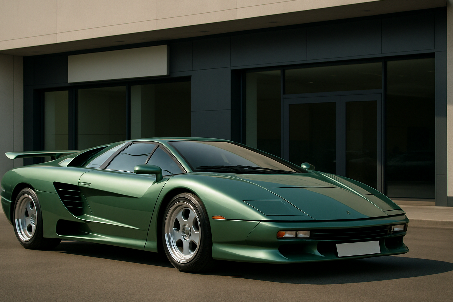 Wedge-shaped green sports car with sculpted sides, silver wheels and a large rear wing parked before a modern building