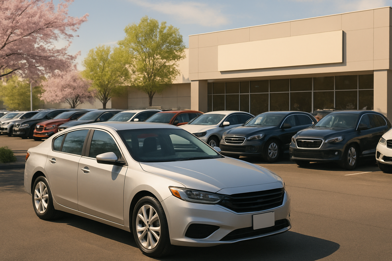 A silver sedan parked in front of a row of cars at a dealership, with spring trees blooming and sunlight casting soft shadows