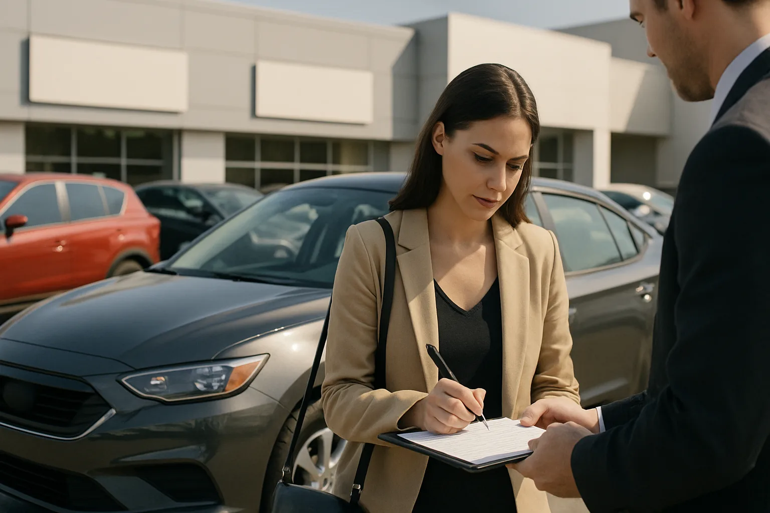 Two people stand beside a dark car in a sunlit lot as a woman writes on a clipboard held by the man