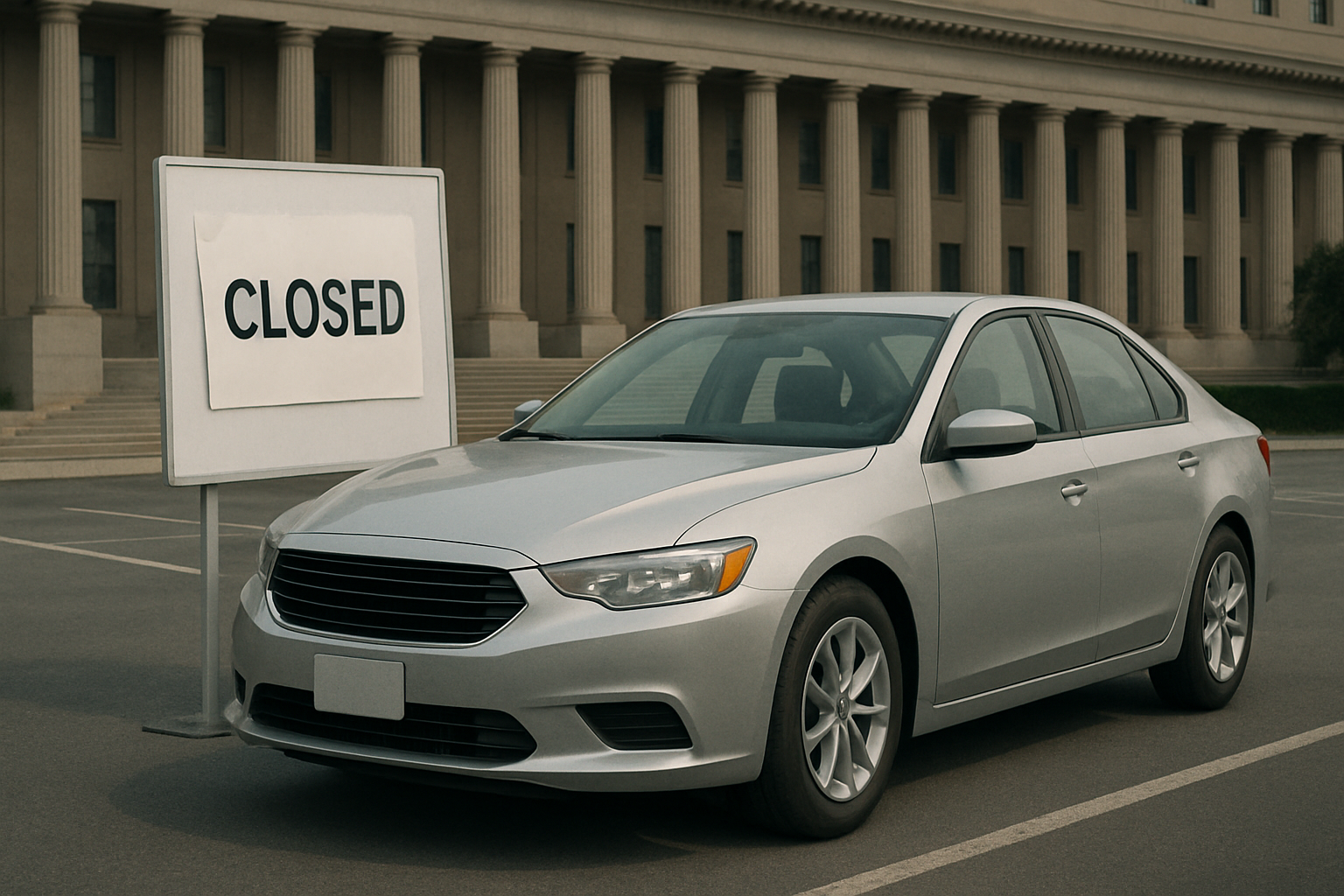 A silver sedan parked in front of a large government building beside a white sign that reads "CLOSED" in bold black letters