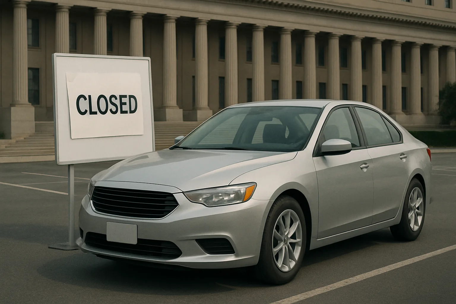 A silver sedan parked in front of a large government building beside a white sign that reads "CLOSED" in bold black letters