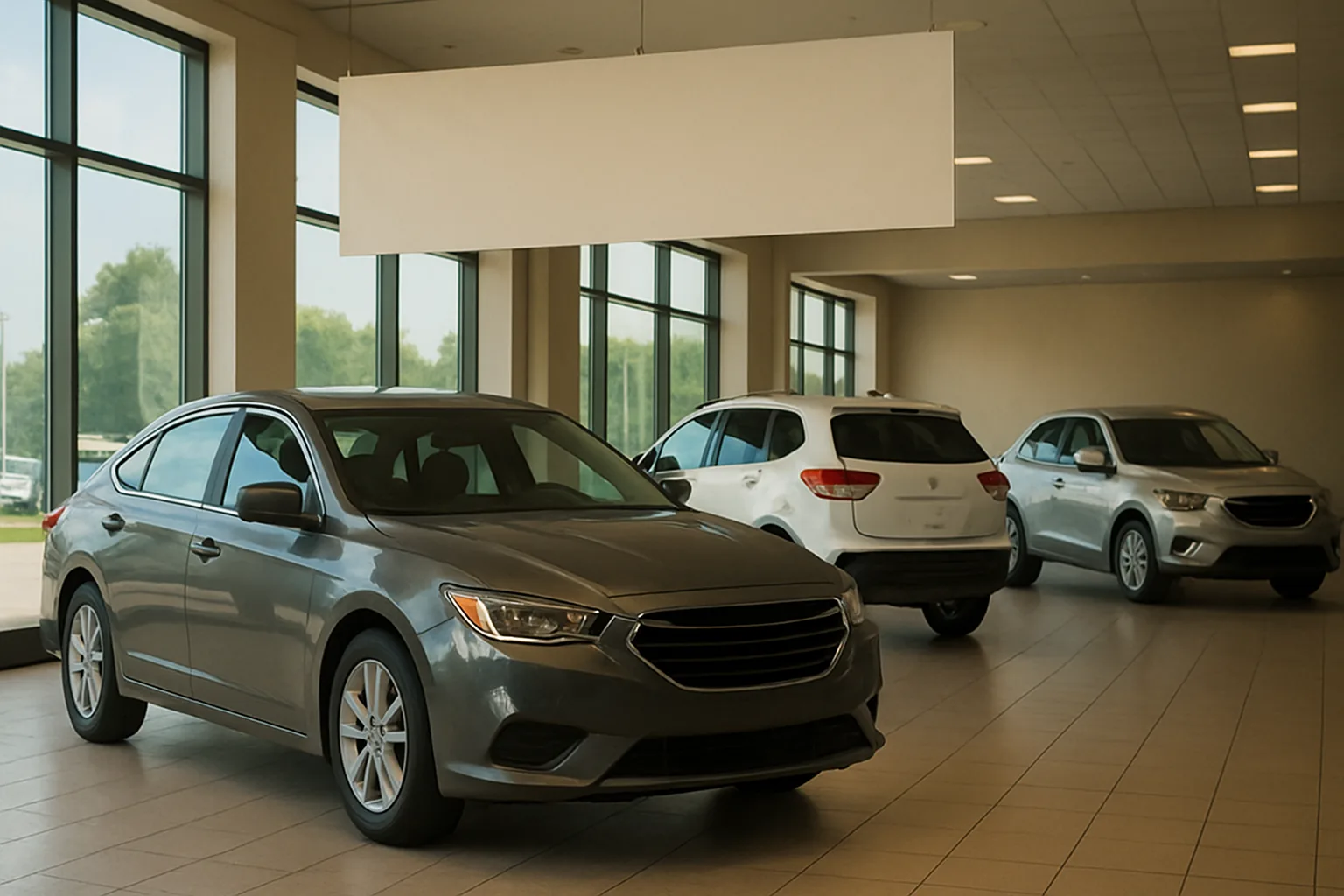Three silver and white cars parked on a showroom floor with large windows and a blank white hanging sign overhead