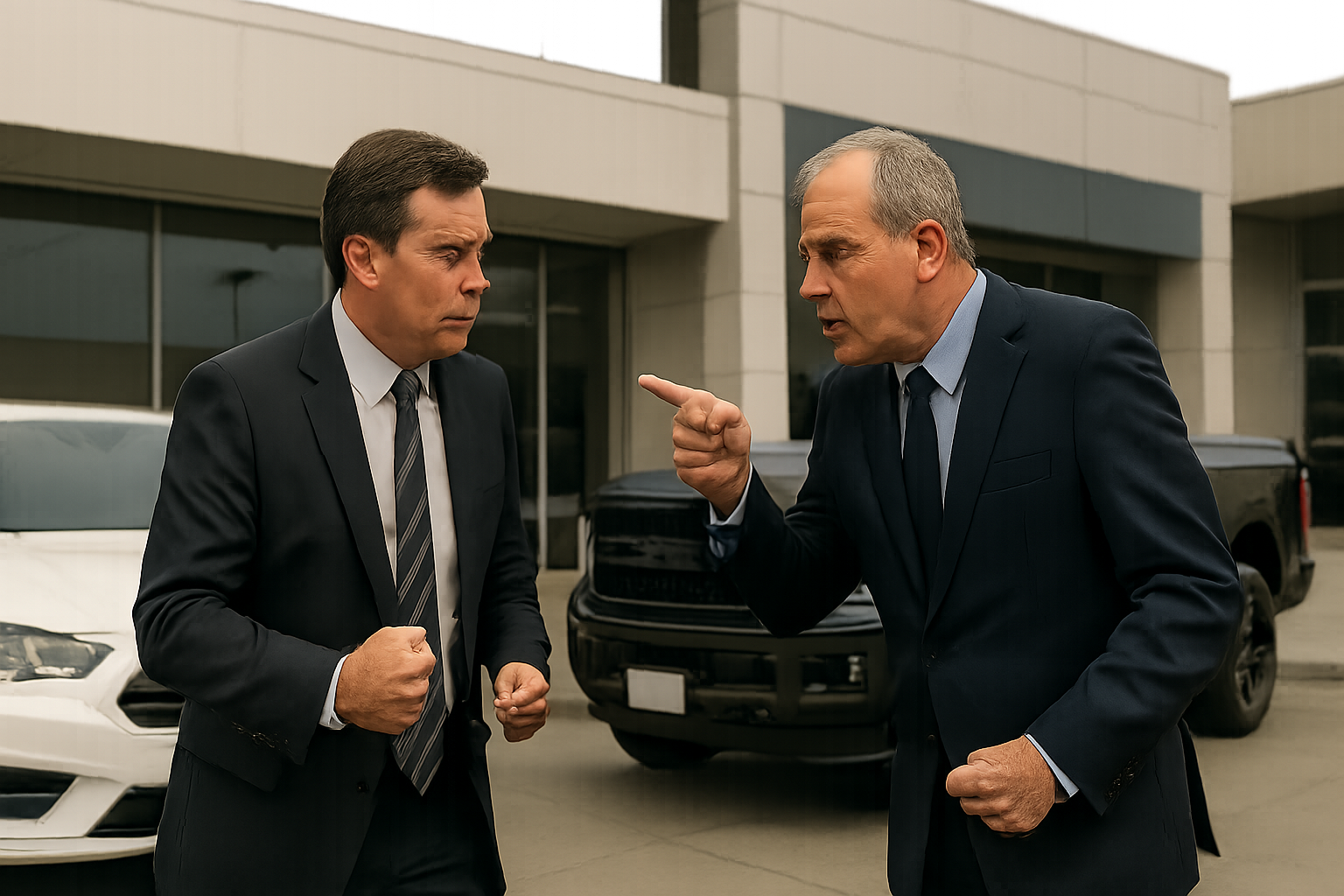 Two men in dark suits argue in front of modern building façades and parked white and black cars on a cloudy day