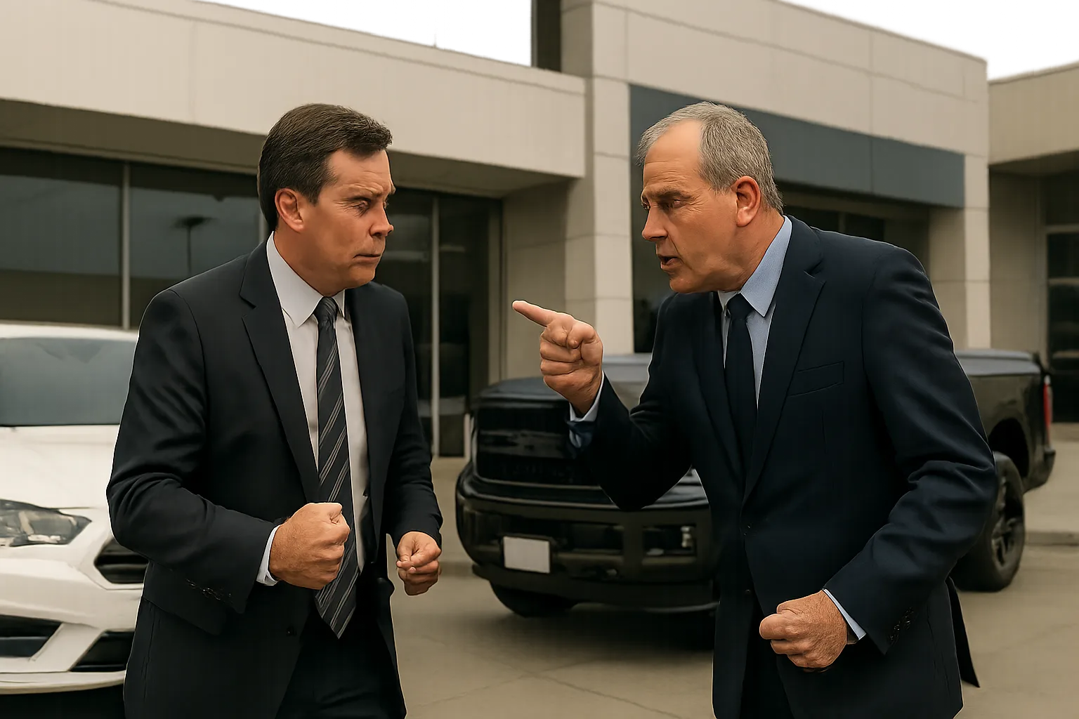 Two men in dark suits argue in front of modern building façades and parked white and black cars on a cloudy day