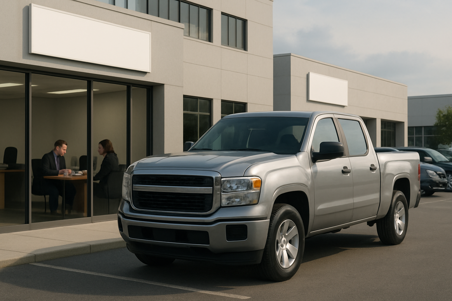 A silver pickup truck parked outside a modern car dealership building, with two people talking at a desk through the window
