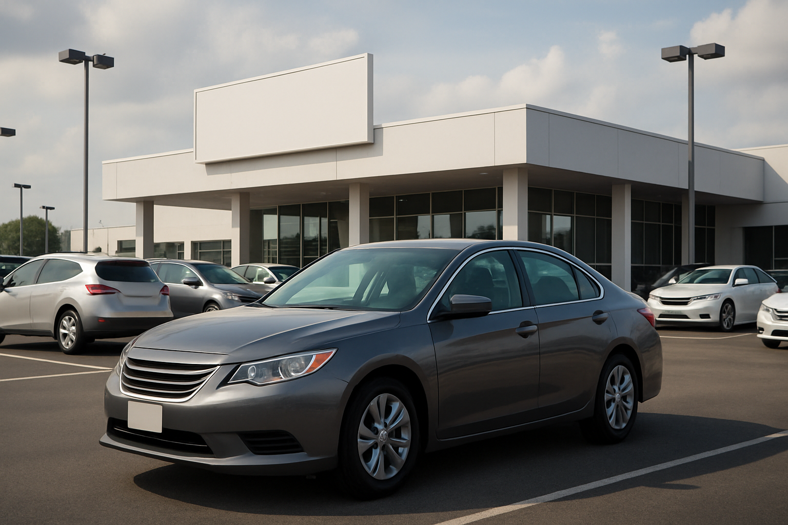 Grey sedan parked on smooth asphalt in front of a modern white building with large windows and blank signage under soft daylight