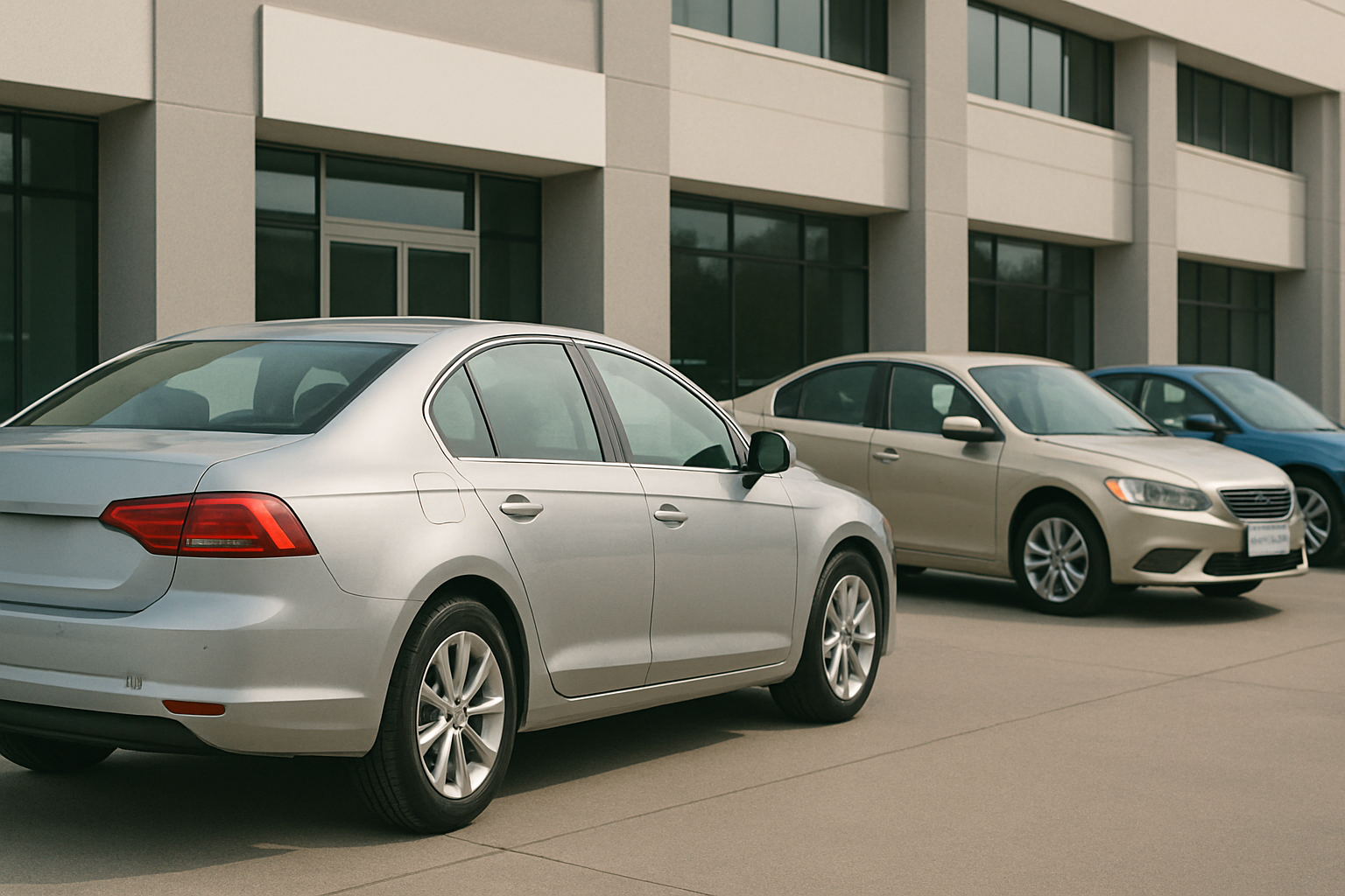 Three mid-size sedans in silver, beige, and blue are parked side by side outside a modern office building
