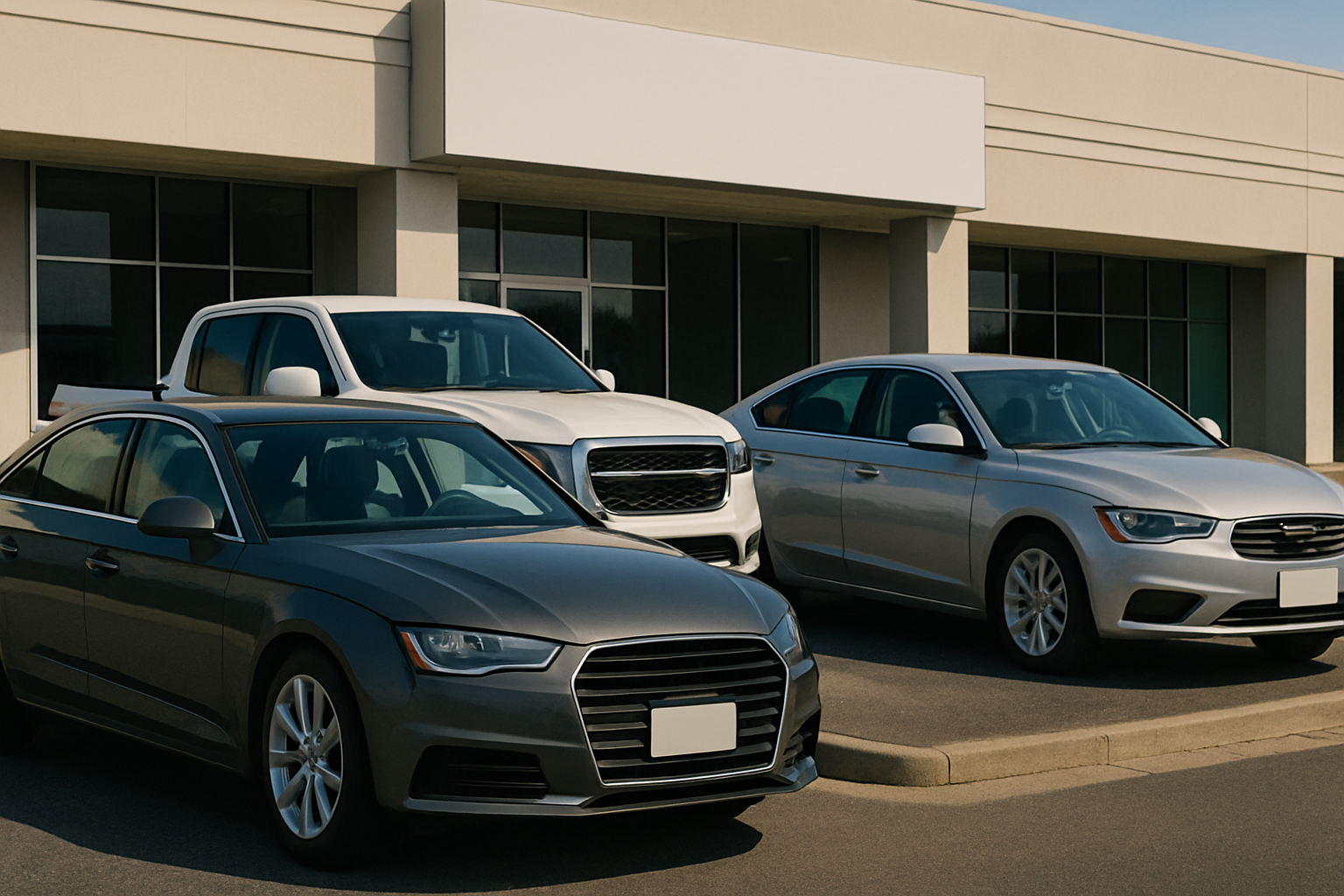 Three silver and white cars parked in front of a modern dealership building with large windows and blank signage