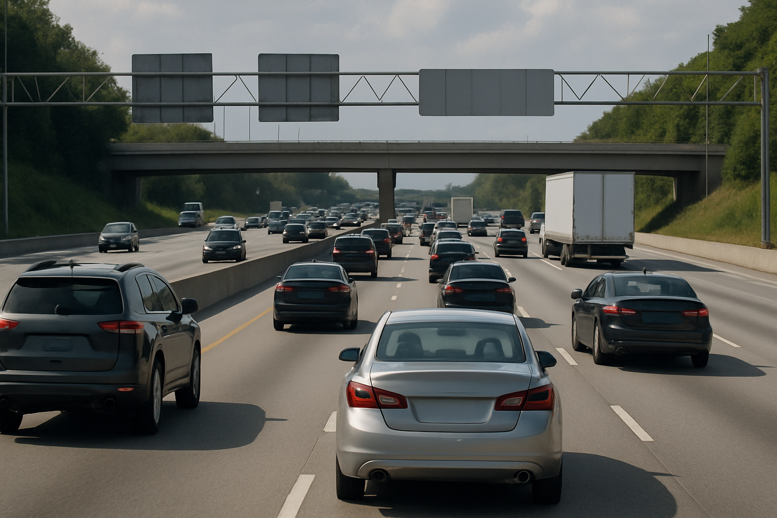 Multiple cars and trucks drive on a wide, multi-lane highway beneath a cloudy sky, surrounded by green trees and overpasses