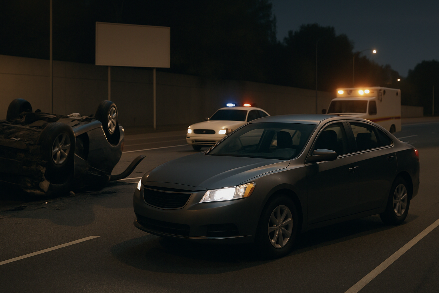 A dark sedan stopped at night beside an overturned car, with police and ambulance vehicles flashing lights in the background