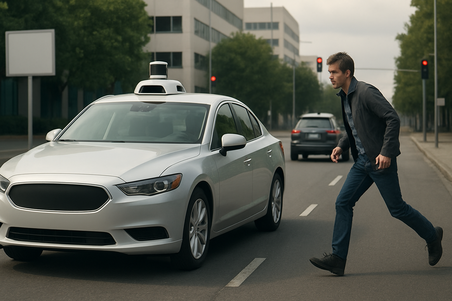 A white sedan with sensors stops at a crosswalk as a man in a jacket hurries across an urban street in daylight