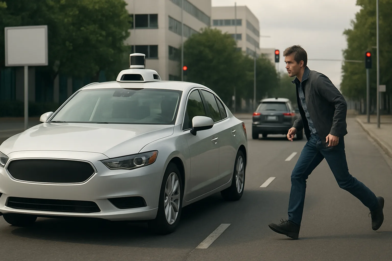 A white sedan with sensors stops at a crosswalk as a man in a jacket hurries across an urban street in daylight