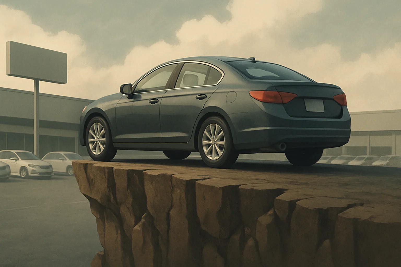 A dark blue sedan parked at the edge of a rocky cliff in front of a car dealership under a cloudy sky