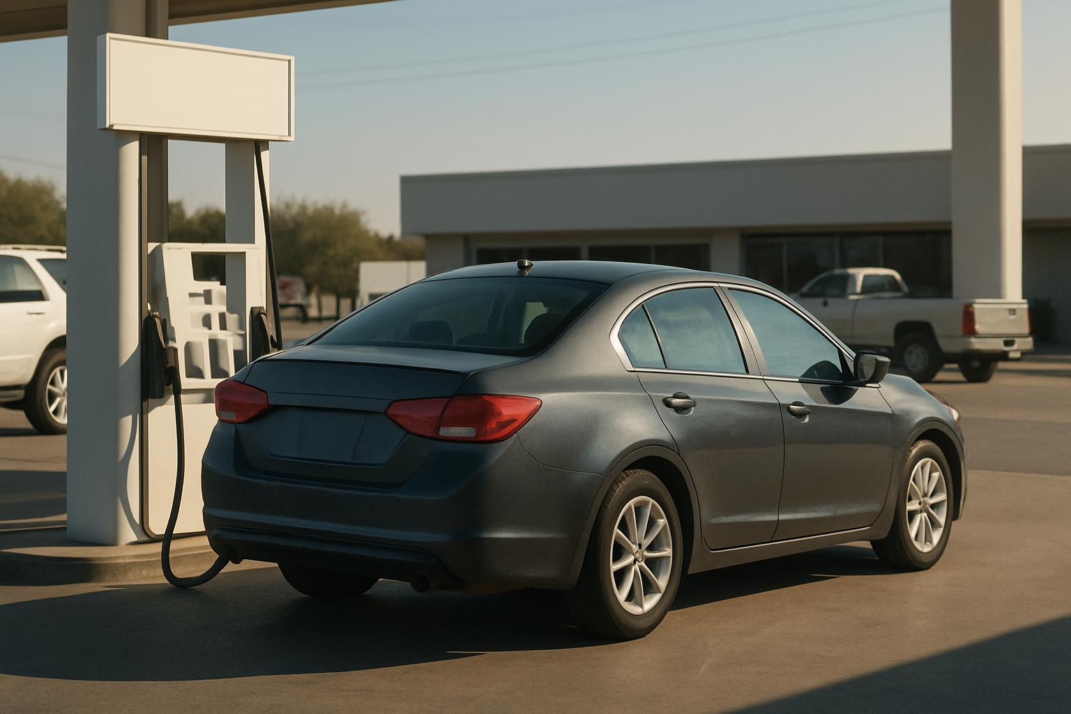 A grey sedan at a gas pump under a canopy on a sunlit forecourt with low buildings and a pickup truck in the background