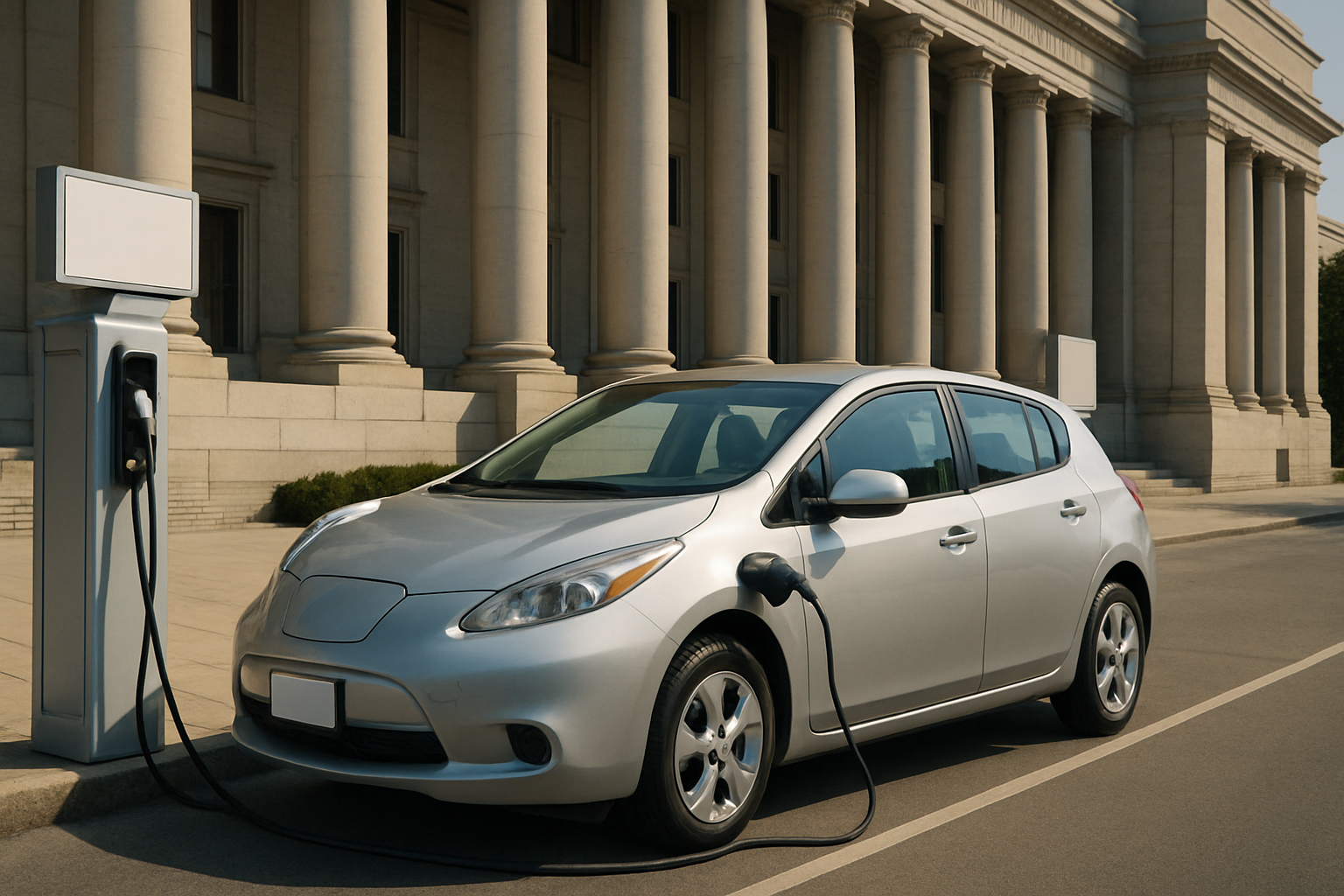 Silvery hatchback car charging at a white electric charging station in front of a grand neoclassical stone building in daylight