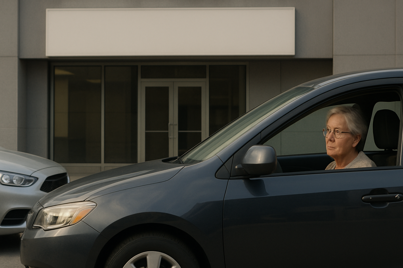 An older woman with grey hair sits in the driver’s seat of a parked blue car beside a grey building and another car