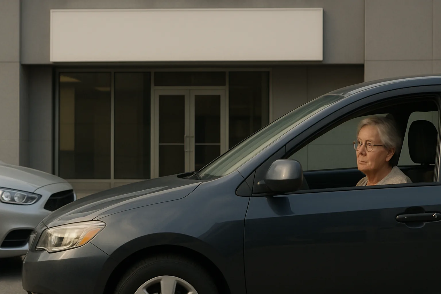 An older woman with grey hair sits in the driver’s seat of a parked blue car beside a grey building and another car