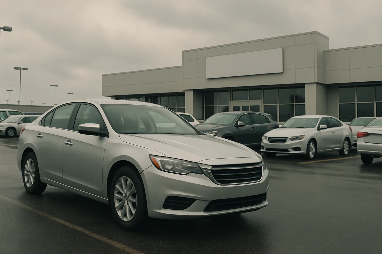 Silver sedan in the foreground of a car dealership lot with several other vehicles on a cloudy day
