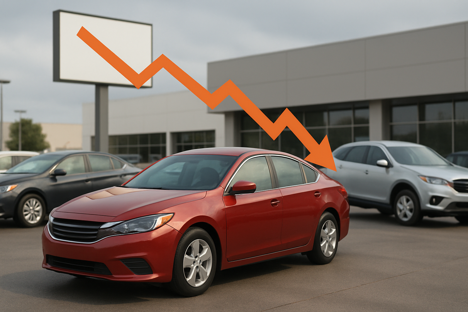 A matte red sedan parked in a dealership lot beneath a large orange downward arrow, with a blank sign overhead