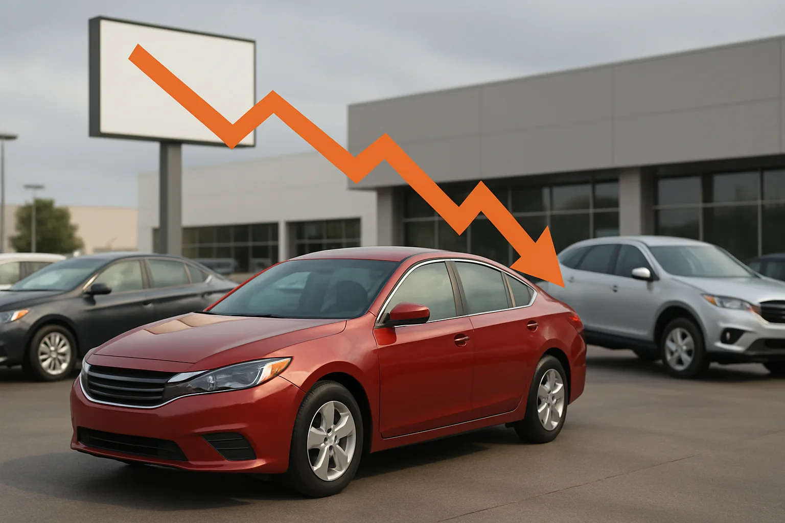 A matte red sedan parked in a dealership lot beneath a large orange downward arrow, with a blank sign overhead