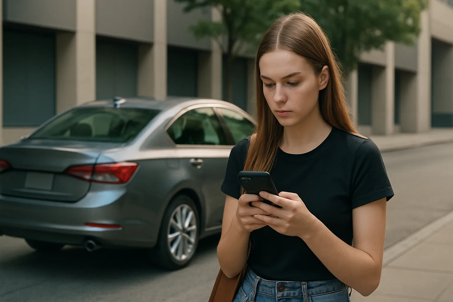 Young woman in a black t-shirt stands on a city street, focused on her smartphone, with a silver car parked behind her