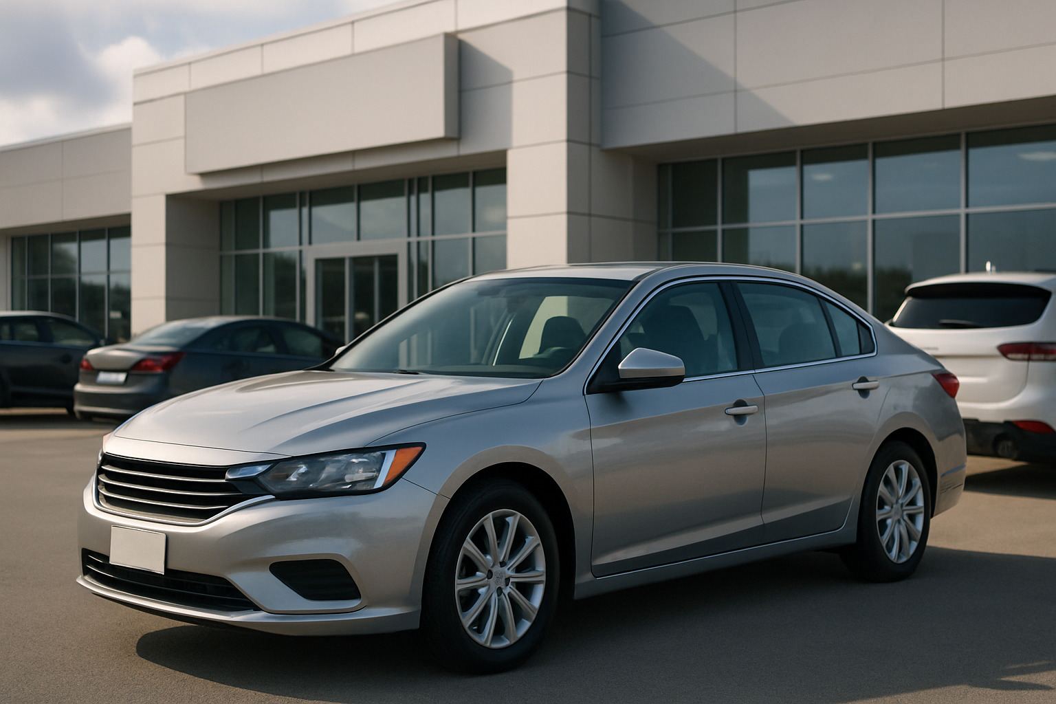 Silver sedan parked on a dealership lot in front of a modern building with large windows and other vehicles in the background