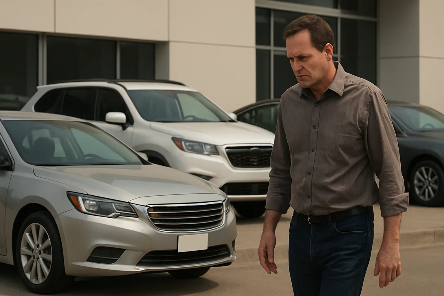A man in a grey shirt walks past grey and silver cars parked outside a modern glass-fronted building