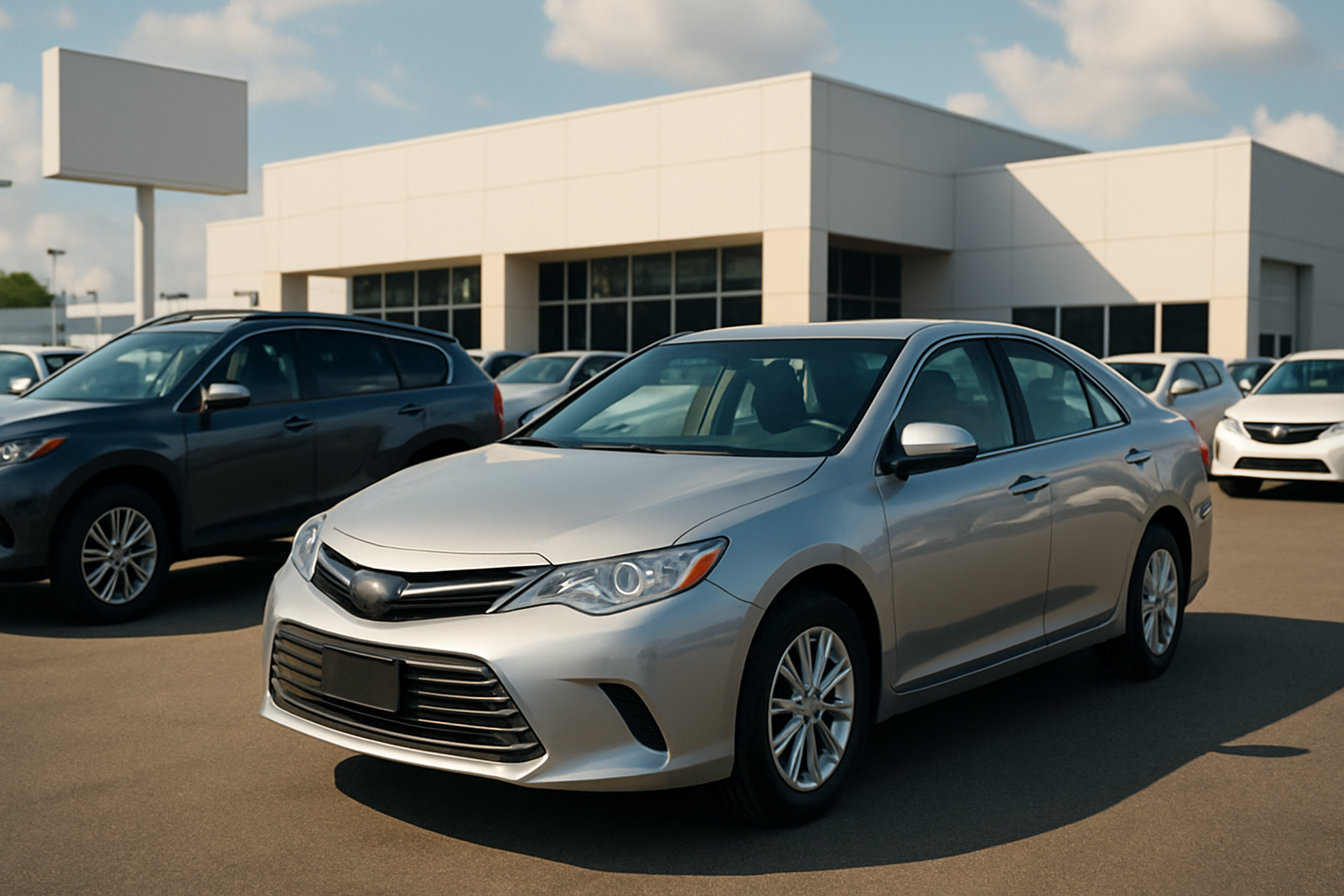 A silver sedan parked outside a modern car dealership, surrounded by other vehicles on a sunny day with blue sky and clouds