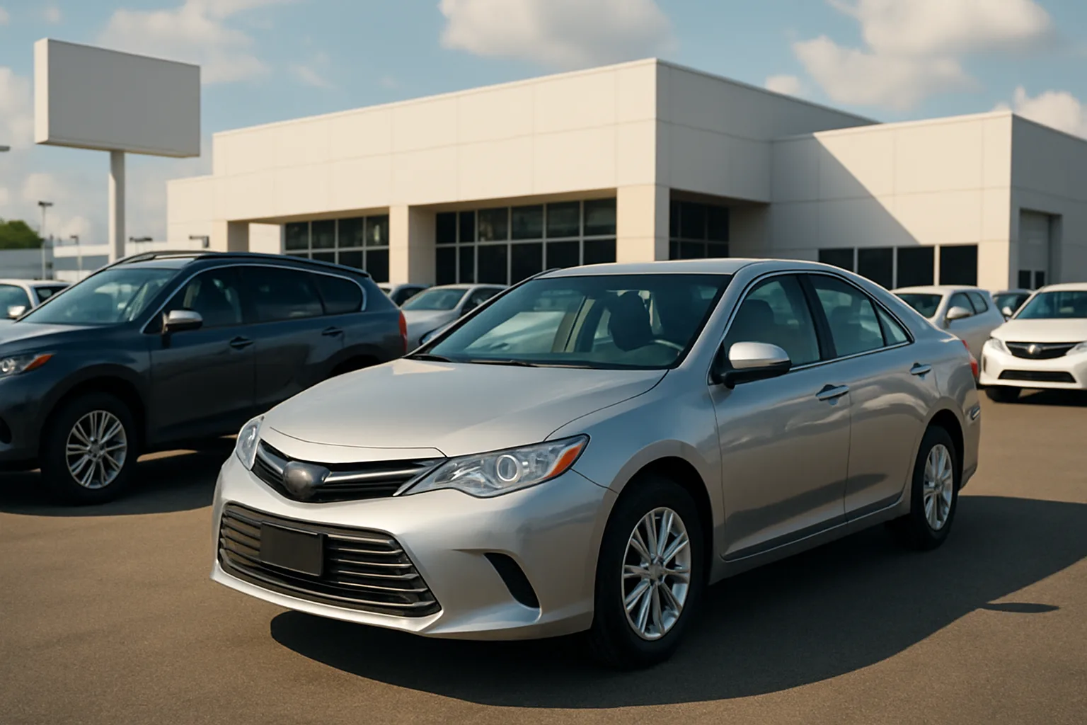 A silver sedan parked outside a modern car dealership, surrounded by other vehicles on a sunny day with blue sky and clouds