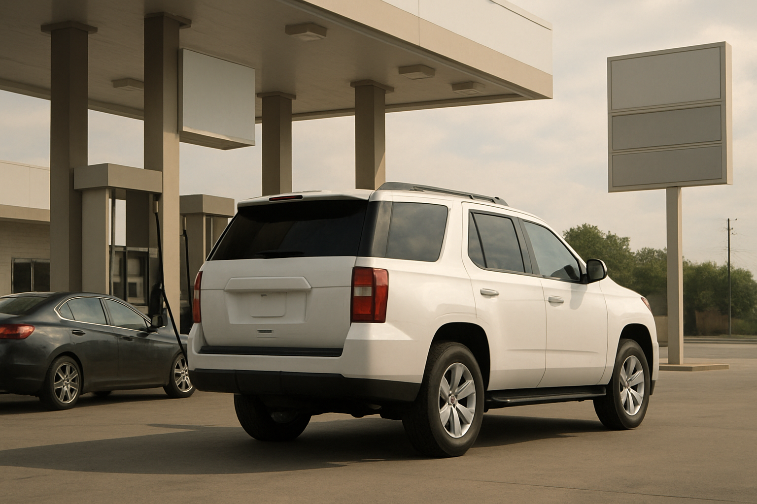 White SUV parked by empty signs at a gas station in overcast daylight, with another car and green trees in the background