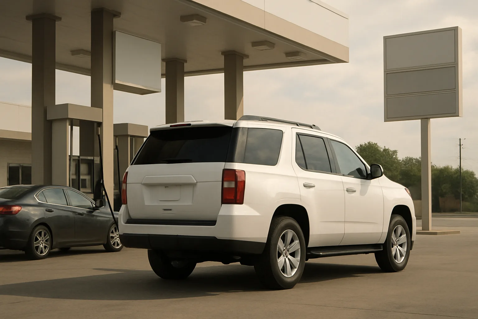 White SUV parked by empty signs at a gas station in overcast daylight, with another car and green trees in the background