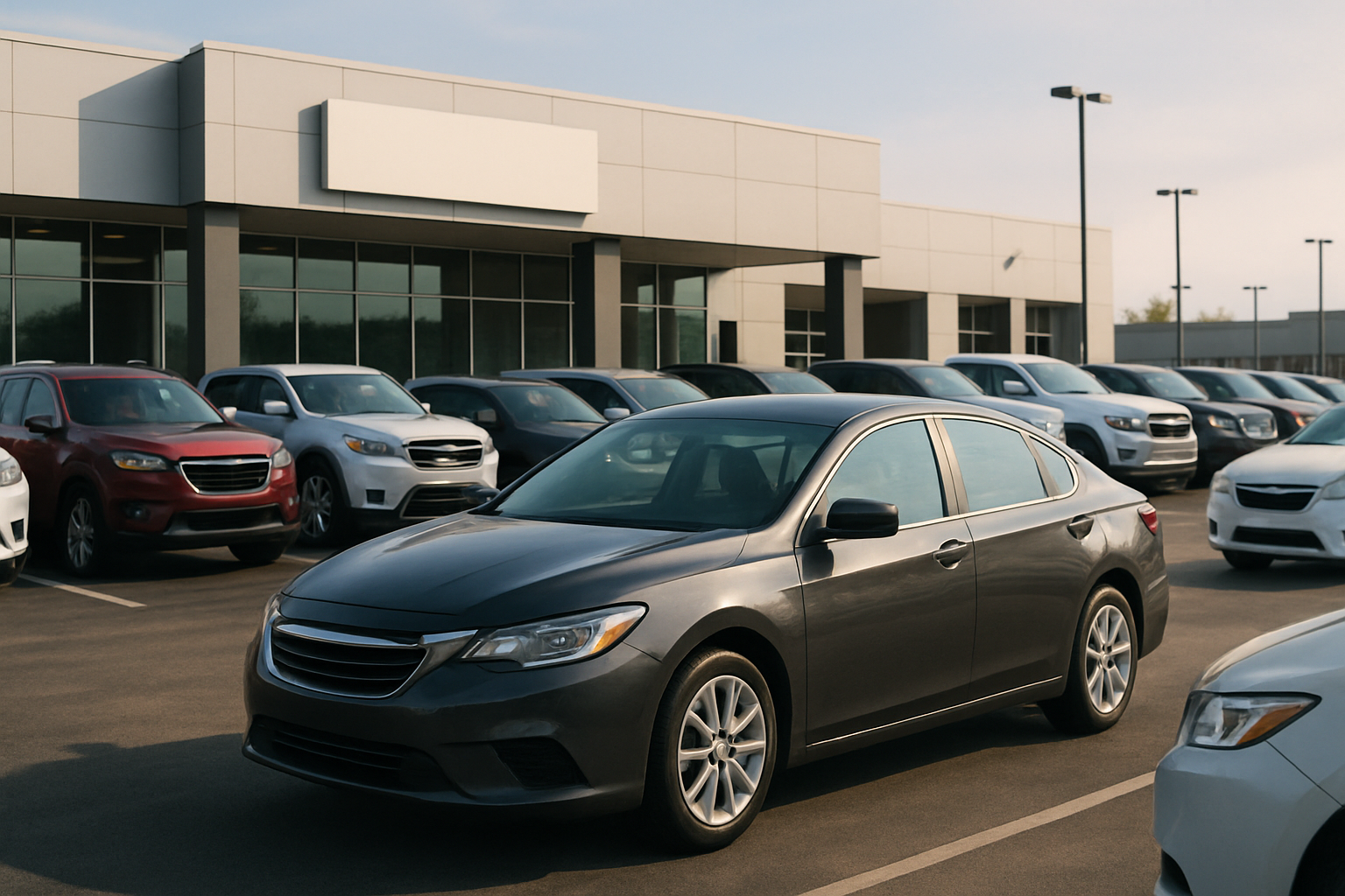 Row of new cars in various colors parked outside a modern dealership building under soft daylight with clear skies