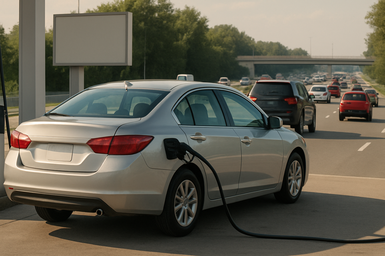 Silver sedan refueling at a sunlit gas station beside a busy highway, with green trees and blue sky in the background