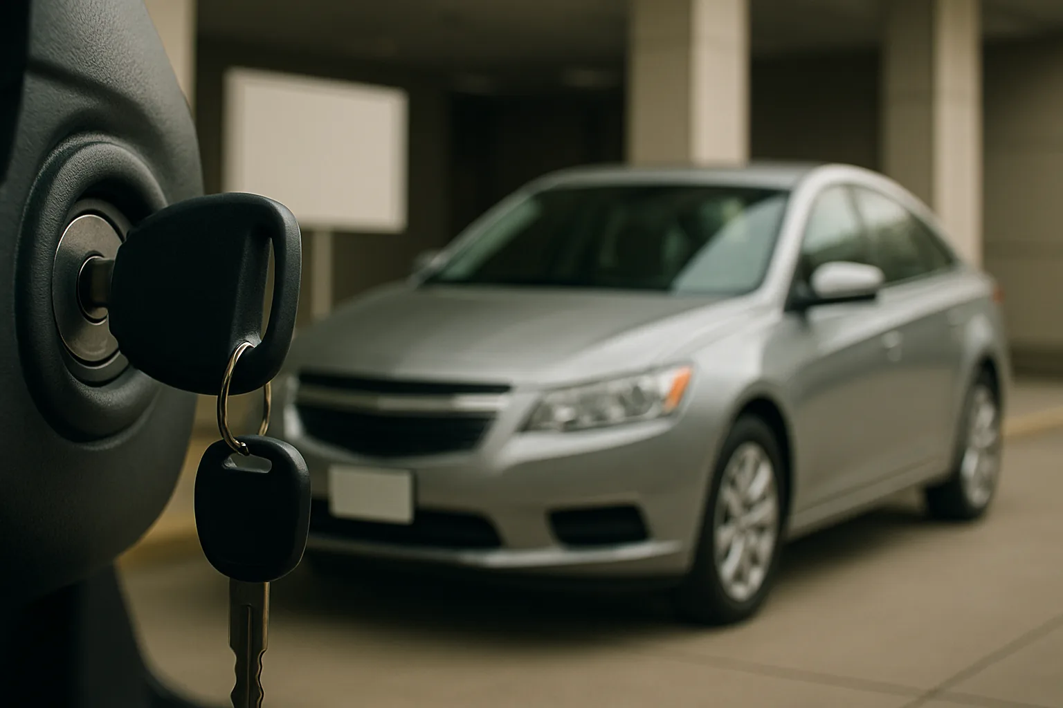 A close-up of a car key in an ignition with a silver sedan parked in soft focus outside under muted daylight